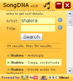 SongDNA search results screenshot Widget